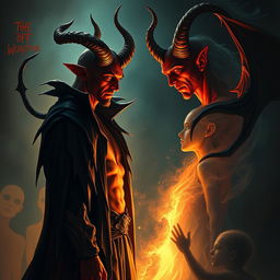 A captivating depiction of the Devil in a dark, mystical setting, engaging with a human in a moment of temptation