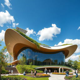 An imaginative modern architectural structure, featuring a sleek, futuristic design with flowing organic shapes and an innovative roof, integrated with lush greenery and solar panels
