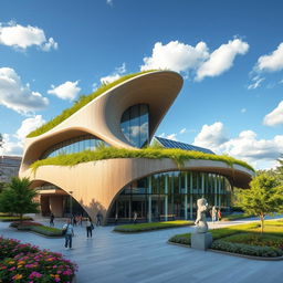 An imaginative modern architectural structure, featuring a sleek, futuristic design with flowing organic shapes and an innovative roof, integrated with lush greenery and solar panels