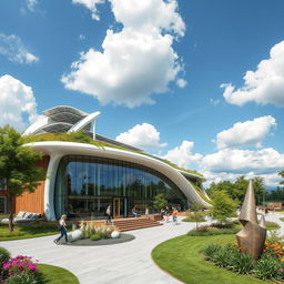 An imaginative modern architectural structure, featuring a sleek, futuristic design with flowing organic shapes and an innovative roof, integrated with lush greenery and solar panels