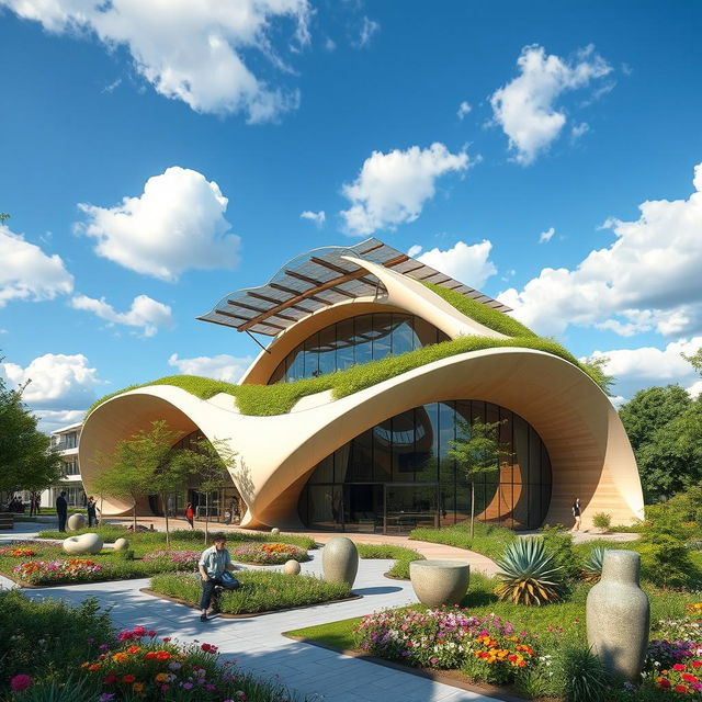 An imaginative modern architectural structure, featuring a sleek, futuristic design with flowing organic shapes and an innovative roof, integrated with lush greenery and solar panels