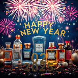 A vibrant and celebratory scene featuring elegantly arranged perfume bottles in various shapes and sizes, adorned with sparkling decorations and festive elements
