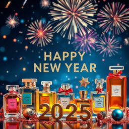 A vibrant and celebratory scene featuring elegantly arranged perfume bottles in various shapes and sizes, adorned with sparkling decorations and festive elements