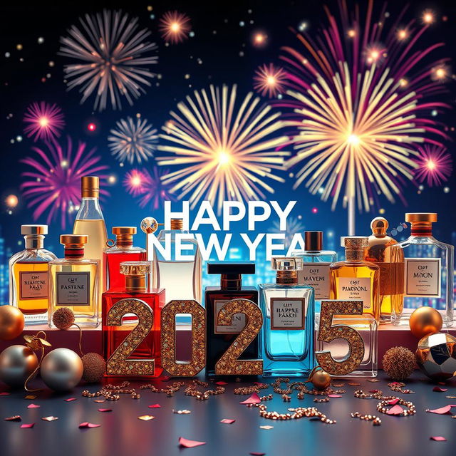 A vibrant and celebratory scene featuring elegantly arranged perfume bottles in various shapes and sizes, adorned with sparkling decorations and festive elements