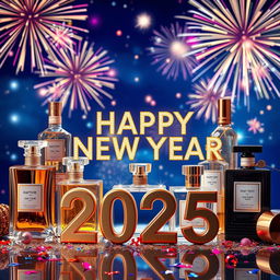 A vibrant and celebratory scene featuring elegantly arranged perfume bottles in various shapes and sizes, adorned with sparkling decorations and festive elements