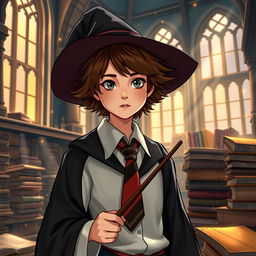 A young witch with bushy brown hair, wearing a classic Hogwarts school uniform consisting of a white shirt, black robe, and a tie representing her house colors (Gryffindor)