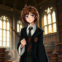 A young witch with bushy brown hair, wearing a classic Hogwarts school uniform consisting of a white shirt, black robe, and a tie representing her house colors (Gryffindor)