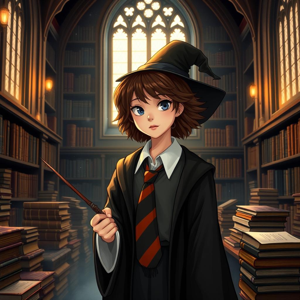 A young witch with bushy brown hair, wearing a classic Hogwarts school uniform consisting of a white shirt, black robe, and a tie representing her house colors (Gryffindor)