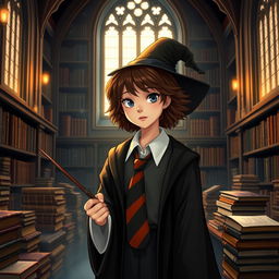 A young witch with bushy brown hair, wearing a classic Hogwarts school uniform consisting of a white shirt, black robe, and a tie representing her house colors (Gryffindor)