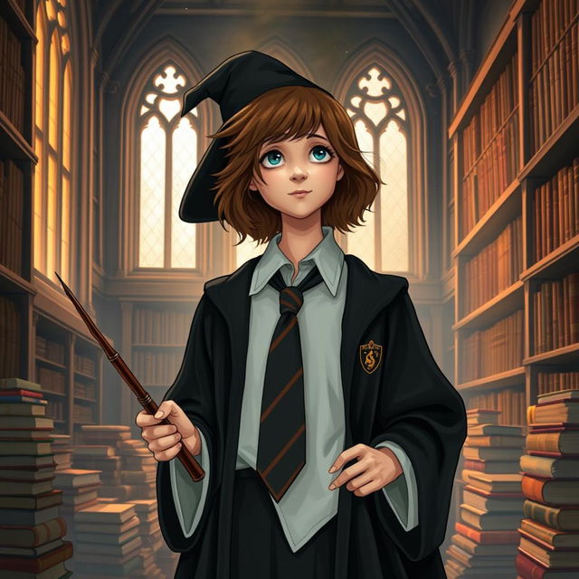 A young witch with bushy brown hair, wearing a classic Hogwarts school uniform consisting of a white shirt, black robe, and a tie representing her house colors (Gryffindor)