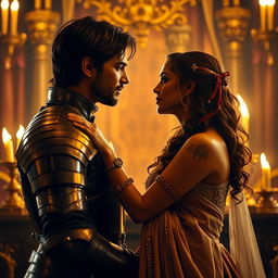 A dramatic and romantic scene featuring Nayanthara as Cersei Lannister, sharing intimate moments with Jamie Lannister in a lavish medieval castle setting