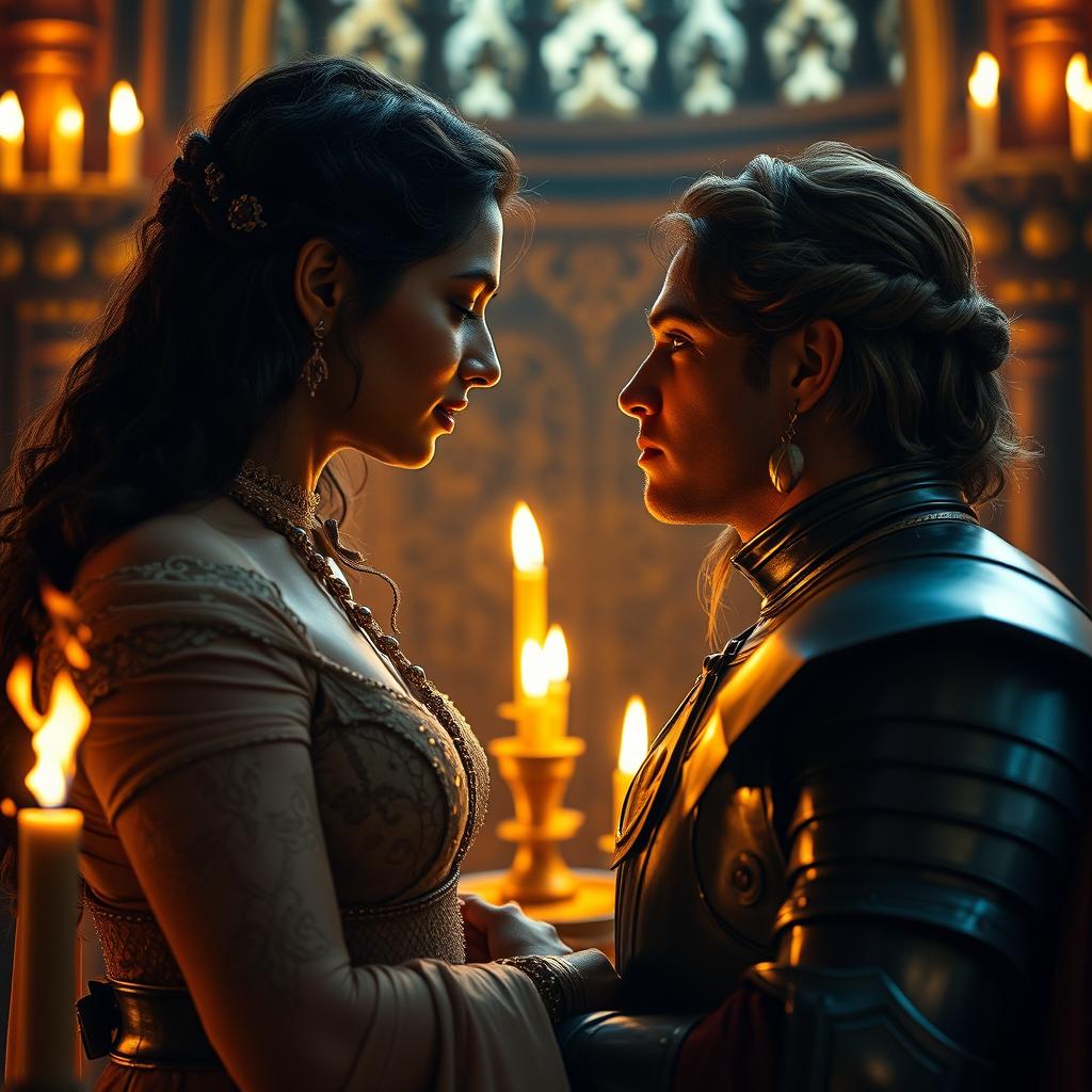 A dramatic and romantic scene featuring Nayanthara as Cersei Lannister, sharing intimate moments with Jamie Lannister in a lavish medieval castle setting