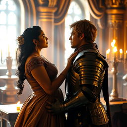 A dramatic and romantic scene featuring Nayanthara as Cersei Lannister, sharing intimate moments with Jamie Lannister in a lavish medieval castle setting