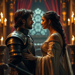 A dramatic and romantic scene featuring Nayanthara as Cersei Lannister, sharing intimate moments with Jamie Lannister in a lavish medieval castle setting