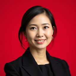 A professional portrait with the subject dressed in formal attire, set against a solid red background