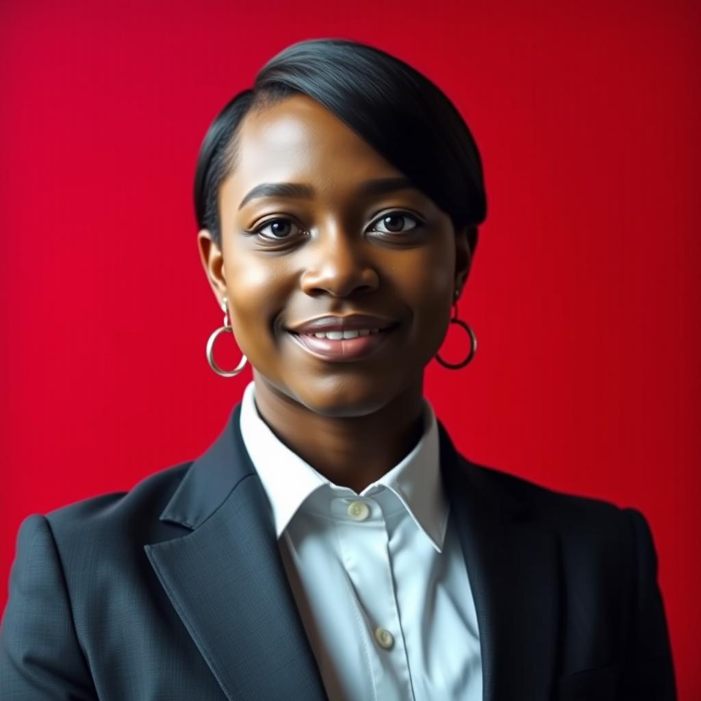 A professional portrait with the subject dressed in formal attire, set against a solid red background