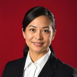 A professional portrait with the subject dressed in formal attire, set against a solid red background