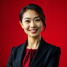 A professional portrait with the subject dressed in formal attire, set against a solid red background