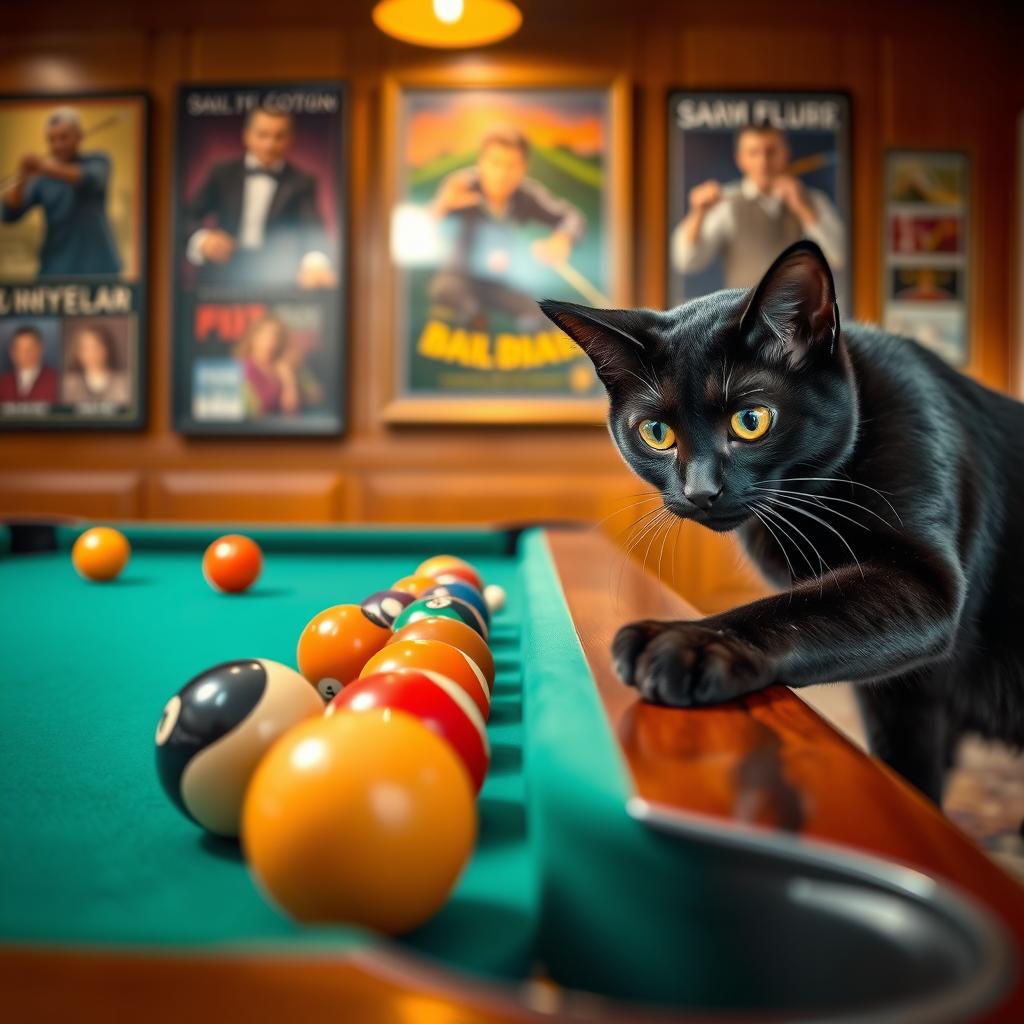 A playful black cat engaging with a billiards table, intently watching the colorful balls while pawing at one of them