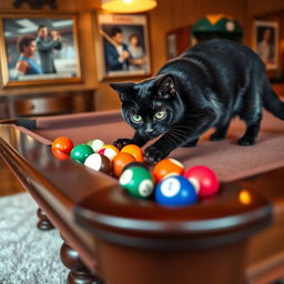 A playful black cat engaging with a billiards table, intently watching the colorful balls while pawing at one of them