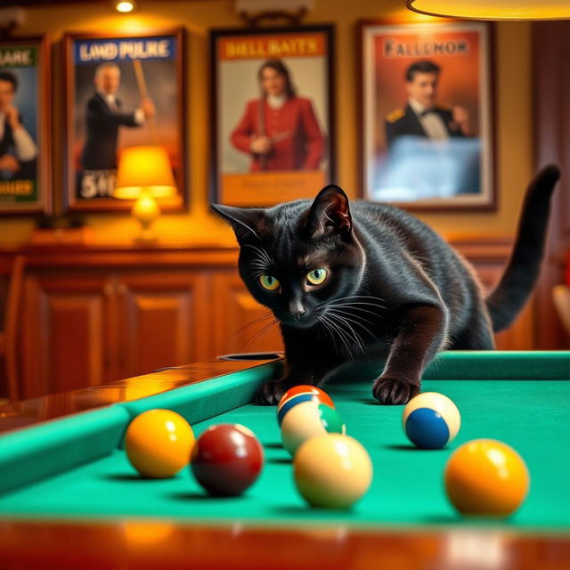 A playful black cat engaging with a billiards table, intently watching the colorful balls while pawing at one of them