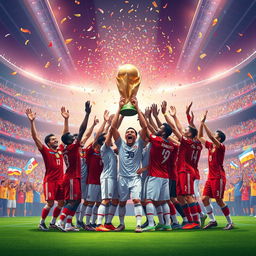 A futuristic scene depicting a celebratory moment at the 2026 FIFA World Cup final, showcasing the winning team lifting the trophy in a vibrant stadium filled with fans