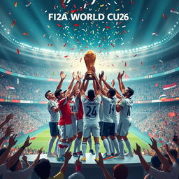 A futuristic scene depicting a celebratory moment at the 2026 FIFA World Cup final, showcasing the winning team lifting the trophy in a vibrant stadium filled with fans