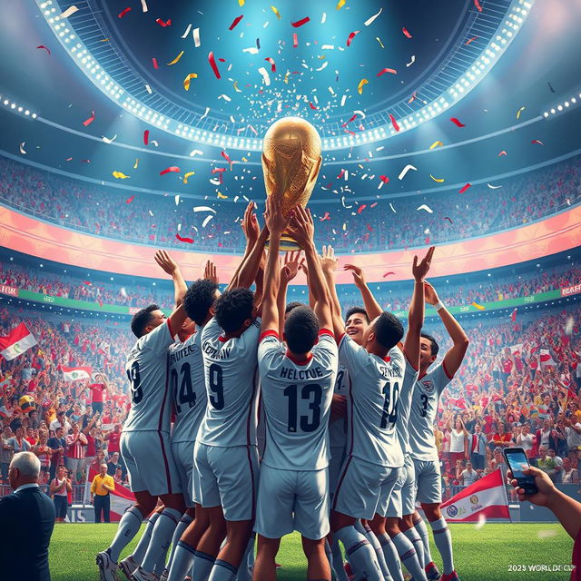 A futuristic scene depicting a celebratory moment at the 2026 FIFA World Cup final, showcasing the winning team lifting the trophy in a vibrant stadium filled with fans