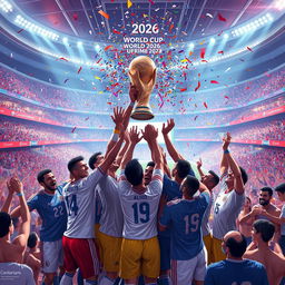 A futuristic scene depicting a celebratory moment at the 2026 FIFA World Cup final, showcasing the winning team lifting the trophy in a vibrant stadium filled with fans