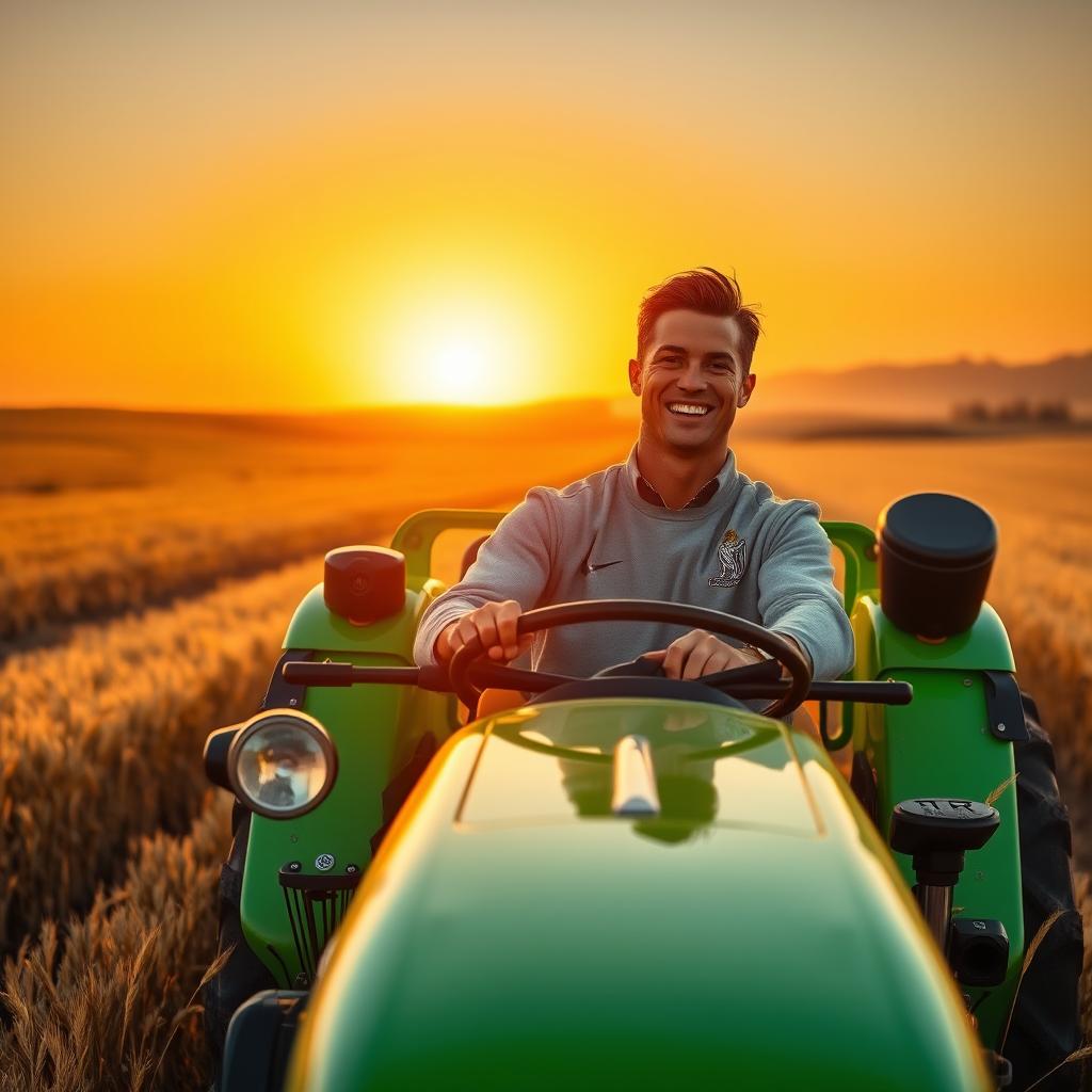 Cristiano Ronaldo, the famous football player, driving a bright green tractor across a vast, open field filled with golden wheat