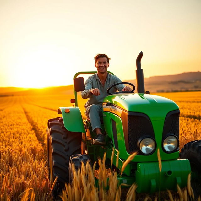 Cristiano Ronaldo, the famous football player, driving a bright green tractor across a vast, open field filled with golden wheat