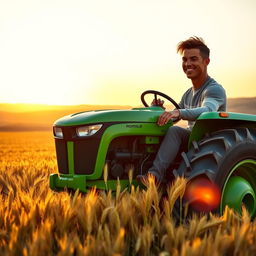 Cristiano Ronaldo, the famous football player, driving a bright green tractor across a vast, open field filled with golden wheat