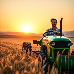 Cristiano Ronaldo, the famous football player, driving a bright green tractor across a vast, open field filled with golden wheat