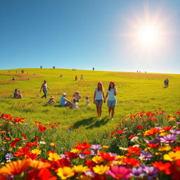 A vibrant scene depicting a group of people in wide, lush green fields surrounded by colorful flowers