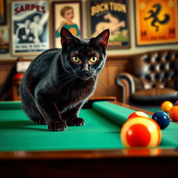 A charming black cat playfully interacting with a billiards table, focused on a bright, striped billiard ball