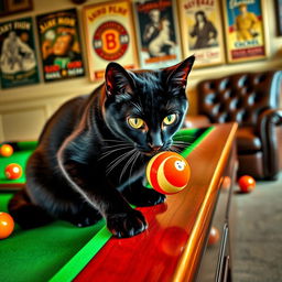 A charming black cat playfully interacting with a billiards table, focused on a bright, striped billiard ball