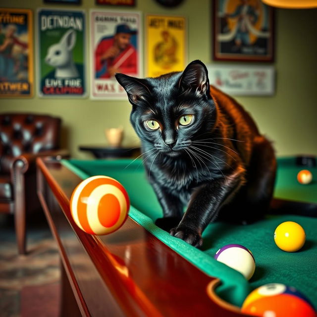 A charming black cat playfully interacting with a billiards table, focused on a bright, striped billiard ball