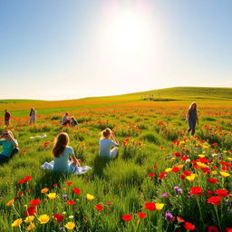 A vibrant scene depicting a group of people in wide, lush green fields surrounded by colorful flowers