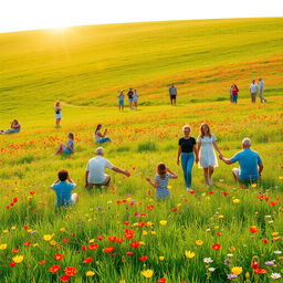 A vibrant scene depicting a group of people in wide, lush green fields surrounded by colorful flowers