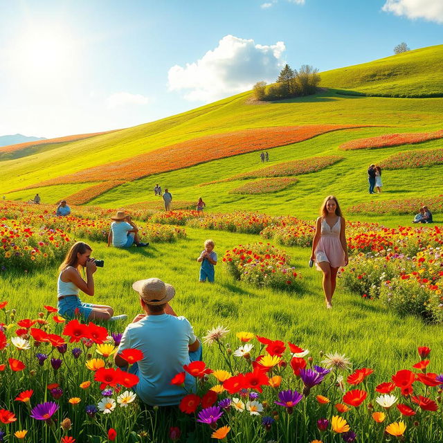 A vibrant scene depicting a group of people in wide, lush green fields surrounded by colorful flowers