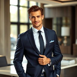 A stylish man wearing a dark navy suit with a matching tie, standing confidently with a slight smile