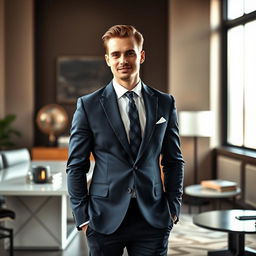 A stylish man wearing a dark navy suit with a matching tie, standing confidently with a slight smile
