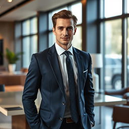 A stylish man wearing a dark navy suit with a matching tie, standing confidently with a slight smile