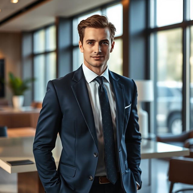 A stylish man wearing a dark navy suit with a matching tie, standing confidently with a slight smile