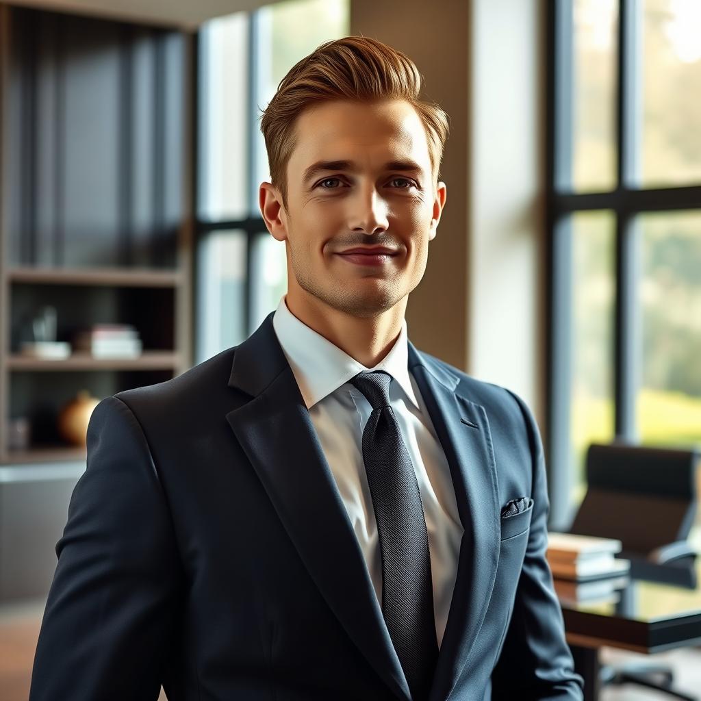 A stylish man wearing a dark navy suit with a matching tie, standing confidently with a slight smile