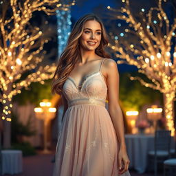 A stunning young woman wearing an elegant nightgown at a glamorous night event, surrounded by twinkling stars and soft glowing lights