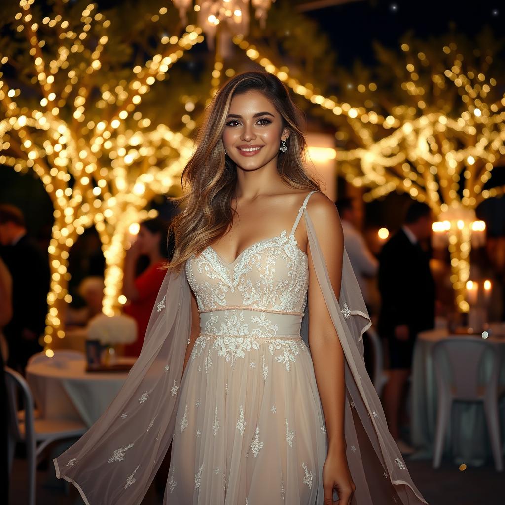 A stunning young woman wearing an elegant nightgown at a glamorous night event, surrounded by twinkling stars and soft glowing lights