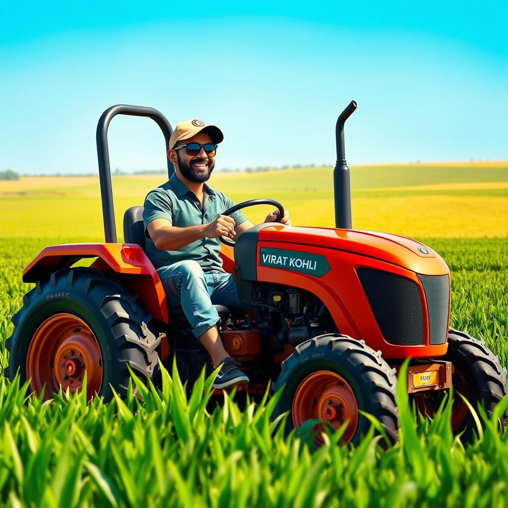 A realistic depiction of Virat Kohli, an Indian cricketer, confidently driving a tractor in a vast green agricultural field