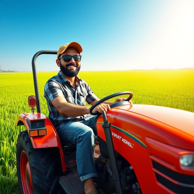 A realistic depiction of Virat Kohli, an Indian cricketer, confidently driving a tractor in a vast green agricultural field