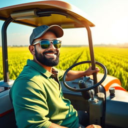 A realistic depiction of Virat Kohli, an Indian cricketer, confidently driving a tractor in a vast green agricultural field